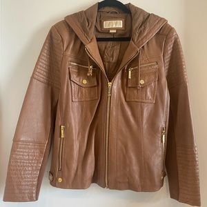 Michael Kors Genuine Leather Moto Hooded Jacket